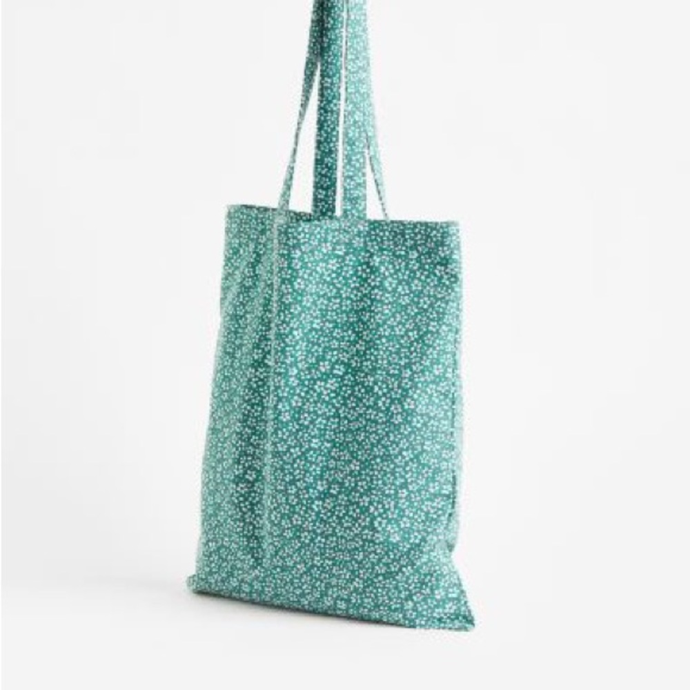 H&M Printed Canvas Tote Bag,green/floral